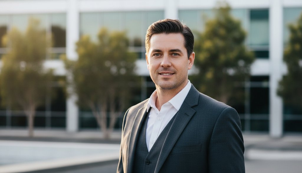A powerful, cinematic professional portrait of a confident business professional in Blackburn North, bathed in dramatic golden hour light, symbolising empowering professional headshots Blackburn North for career success and a bright future.