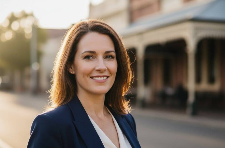 A striking, cinematic portrait of a confident professional against a softly blurred, sun-drenched Hampton East streetscape, embodying empowering professional headshots Hampton East for career growth, with dramatic backlighting and a warm, inviting colour palette.