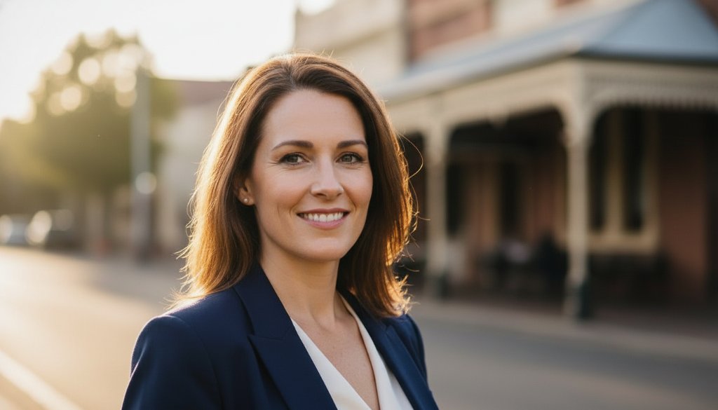 A striking, cinematic portrait of a confident professional against a softly blurred, sun-drenched Hampton East streetscape, embodying empowering professional headshots Hampton East for career growth, with dramatic backlighting and a warm, inviting colour palette.