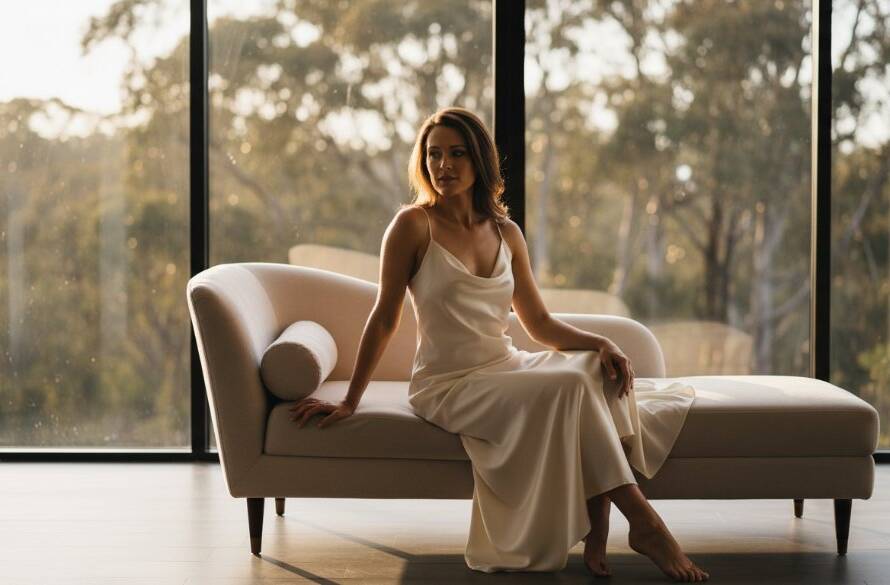 A breathtaking and empowering Warrandyte South boudoir photography experience capturing a woman in an elegant lace robe, bathed in soft, ethereal natural light from a window overlooking a tranquil Warrandyte South landscape, exuding confidence and serenity, shot with a shallow depth of field for a dreamy, intimate feel.