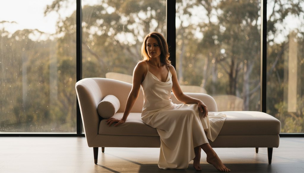 A breathtaking and empowering Warrandyte South boudoir photography experience capturing a woman in an elegant lace robe, bathed in soft, ethereal natural light from a window overlooking a tranquil Warrandyte South landscape, exuding confidence and serenity, shot with a shallow depth of field for a dreamy, intimate feel.