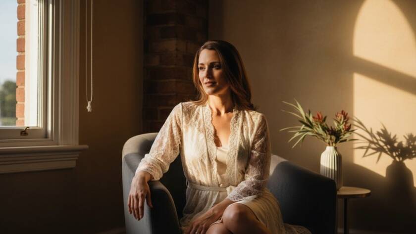 An empowering Yarraville boudoir photography shot of a woman confidently posing by a sunlit window in a chic Yarraville studio, dramatic light highlighting her silhouette and soft fabrics, evoking strength and serenity.