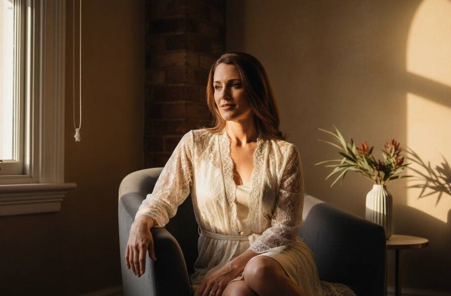 An empowering Yarraville boudoir photography shot of a woman confidently posing by a sunlit window in a chic Yarraville studio, dramatic light highlighting her silhouette and soft fabrics, evoking strength and serenity.