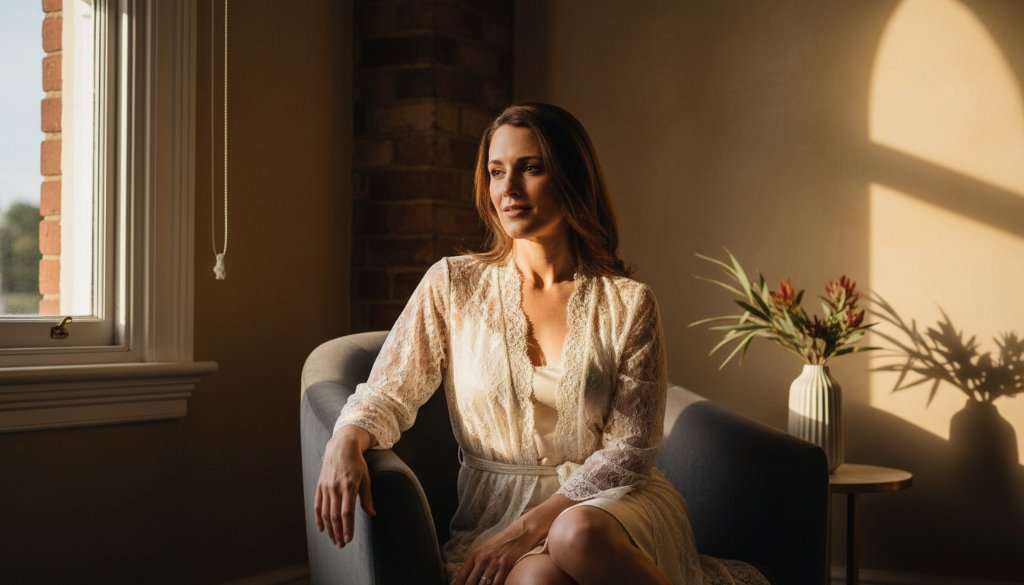 An empowering Yarraville boudoir photography shot of a woman confidently posing by a sunlit window in a chic Yarraville studio, dramatic light highlighting her silhouette and soft fabrics, evoking strength and serenity.