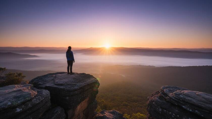 An enchanting Basin Victoria fine art portraiture moment: a lone figure silhouetted against a dramatic sunrise over Dandenong Ranges, capturing a serene and powerful landscape portrait with professional color grading.