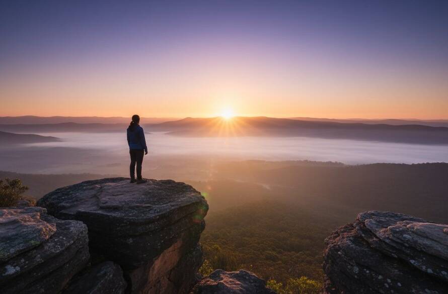 An enchanting Basin Victoria fine art portraiture moment: a lone figure silhouetted against a dramatic sunrise over Dandenong Ranges, capturing a serene and powerful landscape portrait with professional color grading.
