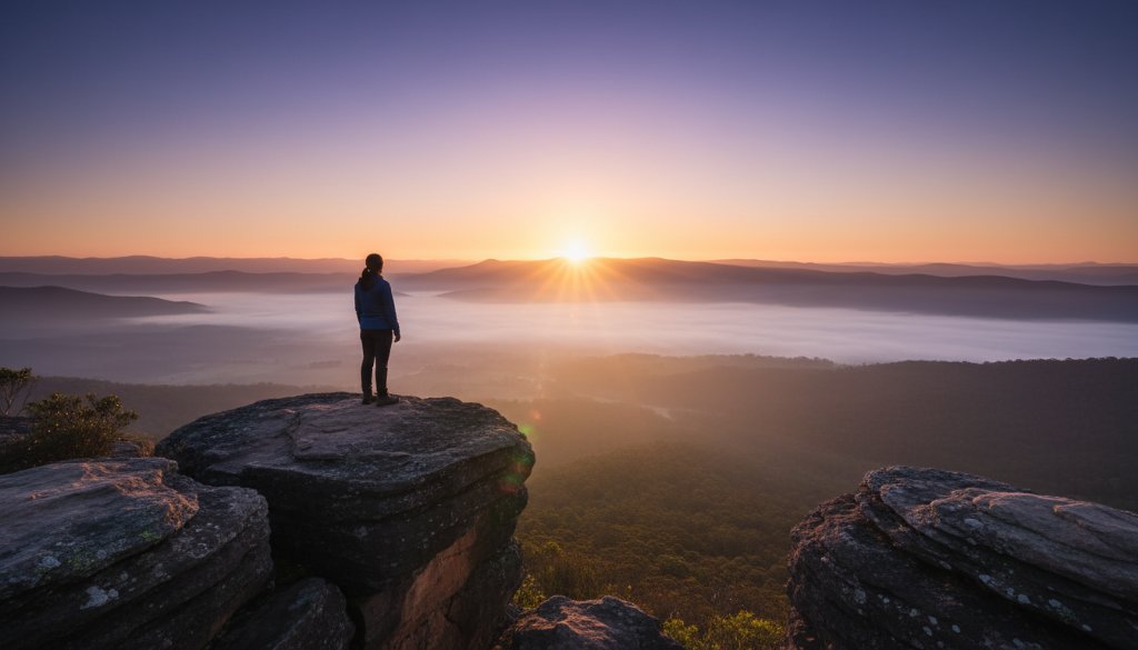 An enchanting Basin Victoria fine art portraiture moment: a lone figure silhouetted against a dramatic sunrise over Dandenong Ranges, capturing a serene and powerful landscape portrait with professional color grading.
