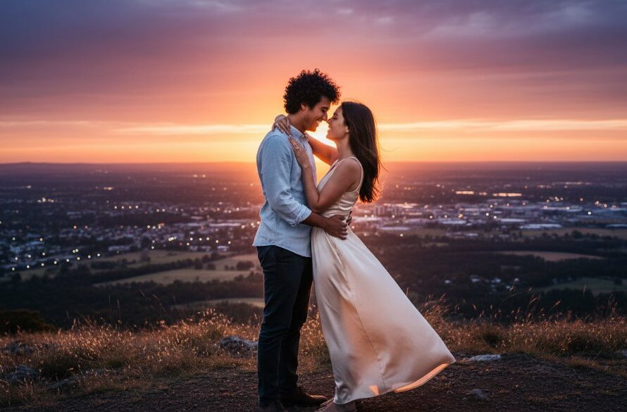 An engaged couple embraces passionately at sunset on Black Hill, Victoria, with the city lights twinkling in the distance, capturing enchanting Black Hill Victoria engagement photos with dramatic golden hour light and cinematic colour grading.