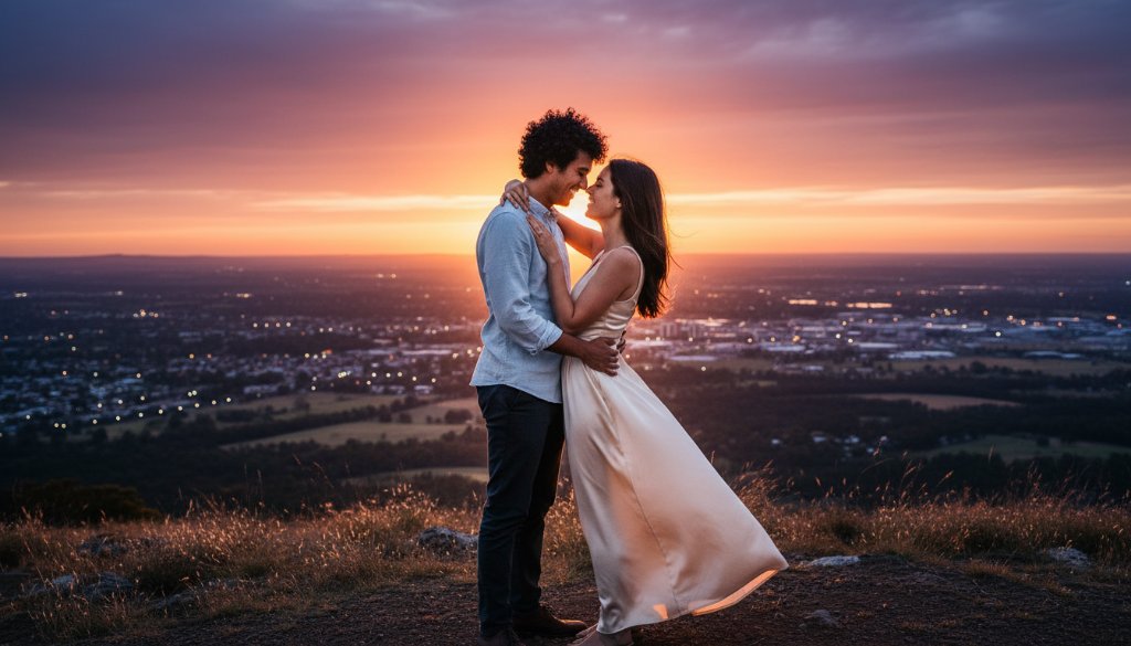 An engaged couple embraces passionately at sunset on Black Hill, Victoria, with the city lights twinkling in the distance, capturing enchanting Black Hill Victoria engagement photos with dramatic golden hour light and cinematic colour grading.
