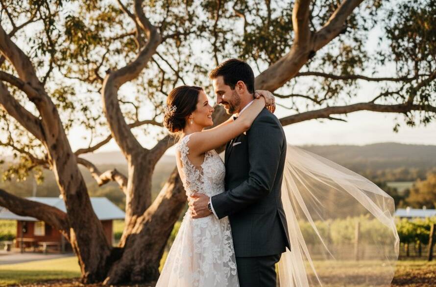 An enchanting Boronia wedding photography experiences hero shot, featuring a newlywed couple embracing under the dappled sunlight of a majestic gum tree, with a rustic Boronia backdrop at golden hour, capturing a tender, intimate moment with professional colour grading.