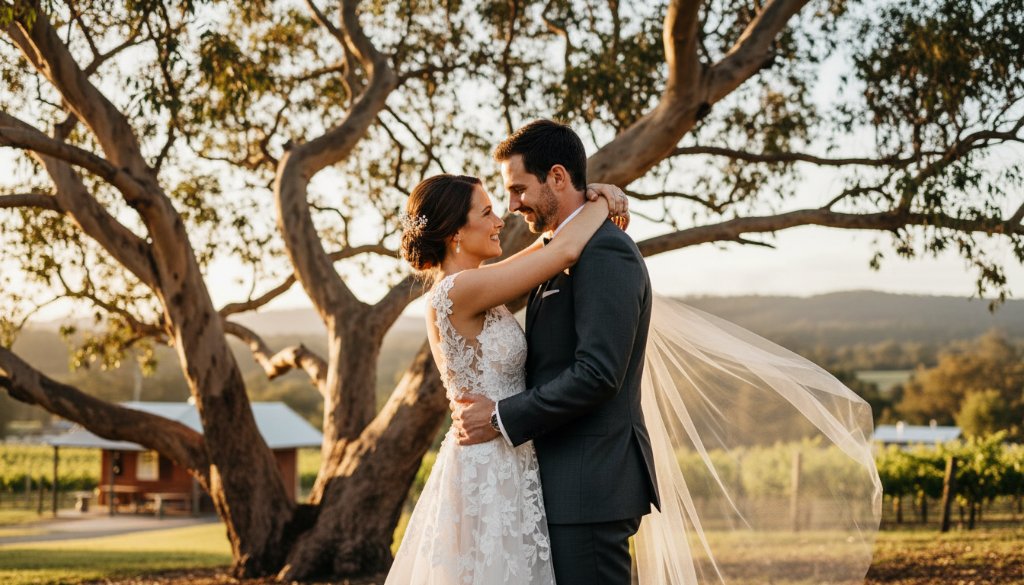 An enchanting Boronia wedding photography experiences hero shot, featuring a newlywed couple embracing under the dappled sunlight of a majestic gum tree, with a rustic Boronia backdrop at golden hour, capturing a tender, intimate moment with professional colour grading.