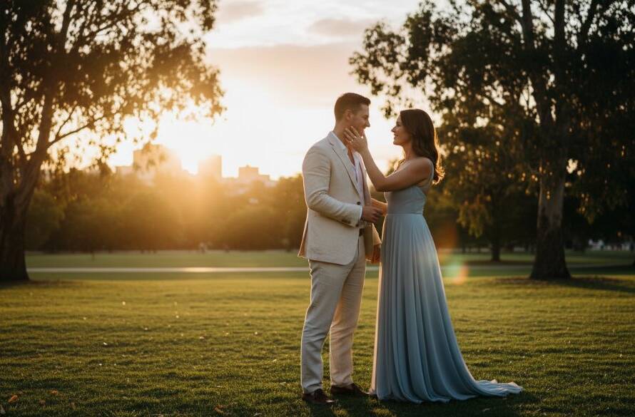 A couple sharing a tender, cinematic moment at one of the enchanting Box Hill pre-wedding photoshoot spots, with dramatic golden hour lighting illuminating them against a lush urban garden backdrop, capturing their love and excitement.