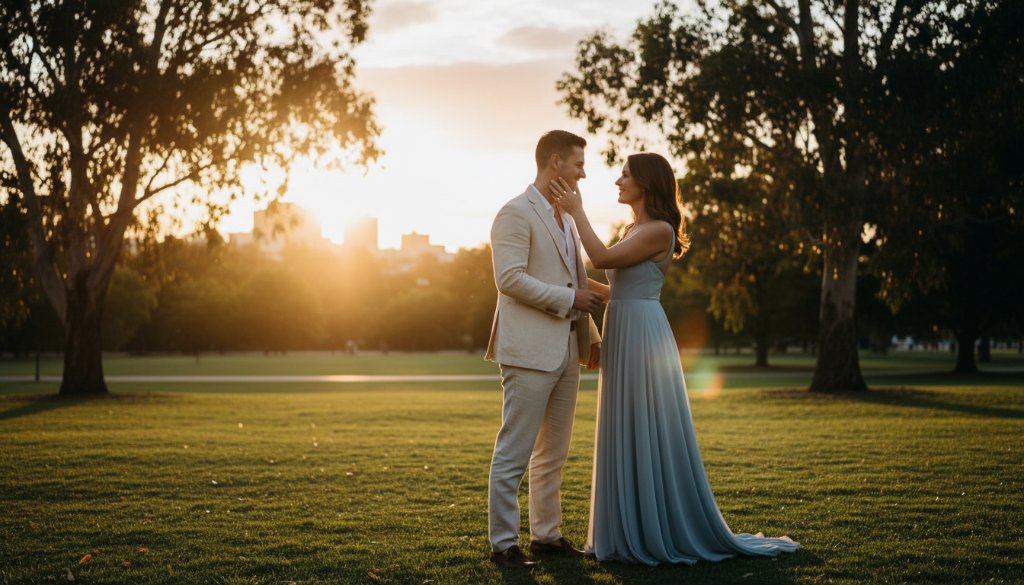 A couple sharing a tender, cinematic moment at one of the enchanting Box Hill pre-wedding photoshoot spots, with dramatic golden hour lighting illuminating them against a lush urban garden backdrop, capturing their love and excitement.