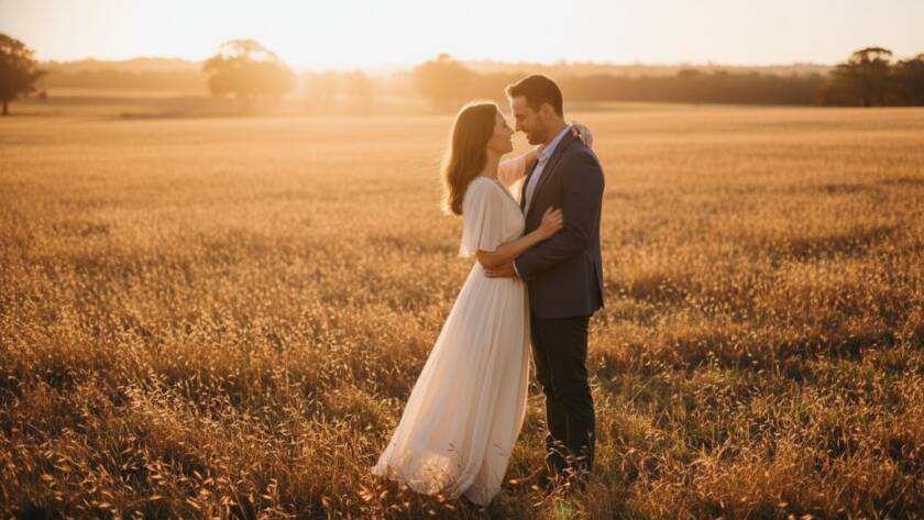 An enchanting Brookfield pre-wedding photography Victoria shot of a couple embracing passionately at sunset amidst golden fields, with dramatic, cinematic lighting and a hazy, romantic atmosphere.