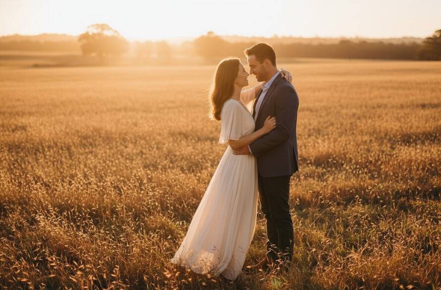 An enchanting Brookfield pre-wedding photography Victoria shot of a couple embracing passionately at sunset amidst golden fields, with dramatic, cinematic lighting and a hazy, romantic atmosphere.