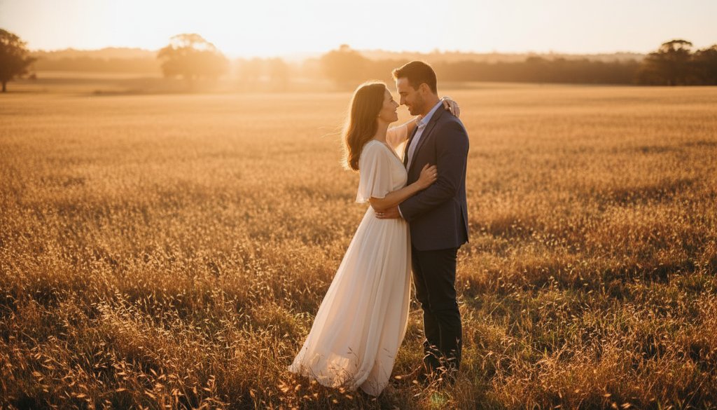 An enchanting Brookfield pre-wedding photography Victoria shot of a couple embracing passionately at sunset amidst golden fields, with dramatic, cinematic lighting and a hazy, romantic atmosphere.