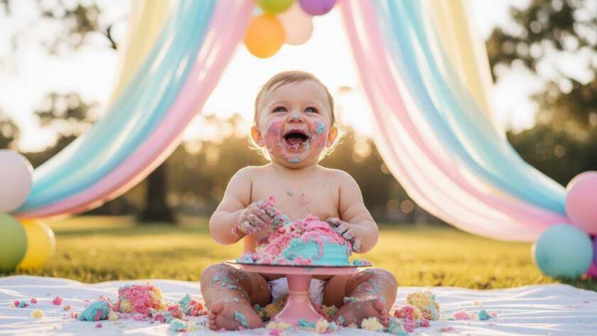 A vibrant, low-angle photograph capturing a one-year-old child's ecstatic face, covered in colourful cake and frosting, amidst a whimsical and playful outdoor setting bathed in soft golden hour light in Carnegie, Victoria, highlighting an enchanting cake smash photography Carnegie Victoria moment of pure joy.