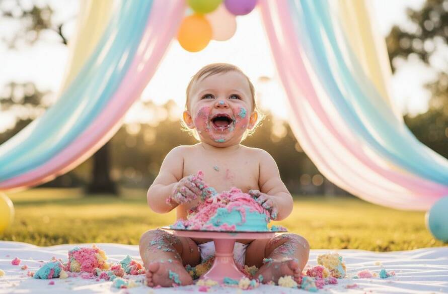 A vibrant, low-angle photograph capturing a one-year-old child's ecstatic face, covered in colourful cake and frosting, amidst a whimsical and playful outdoor setting bathed in soft golden hour light in Carnegie, Victoria, highlighting an enchanting cake smash photography Carnegie Victoria moment of pure joy.