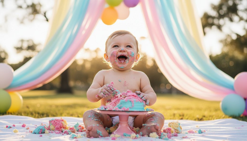 A vibrant, low-angle photograph capturing a one-year-old child's ecstatic face, covered in colourful cake and frosting, amidst a whimsical and playful outdoor setting bathed in soft golden hour light in Carnegie, Victoria, highlighting an enchanting cake smash photography Carnegie Victoria moment of pure joy.