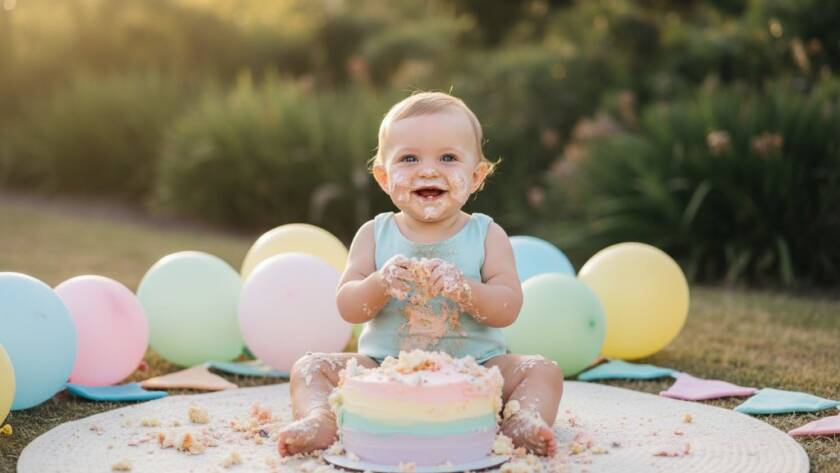 A wide-angle, cinematic photograph of an adorable baby, covered in cake, laughing joyfully amidst a pastel-themed set in a sun-drenched Warrandyte studio, capturing an enchanting cake smash photography Warrandyte first birthday moment with dramatic backlighting and soft focus.