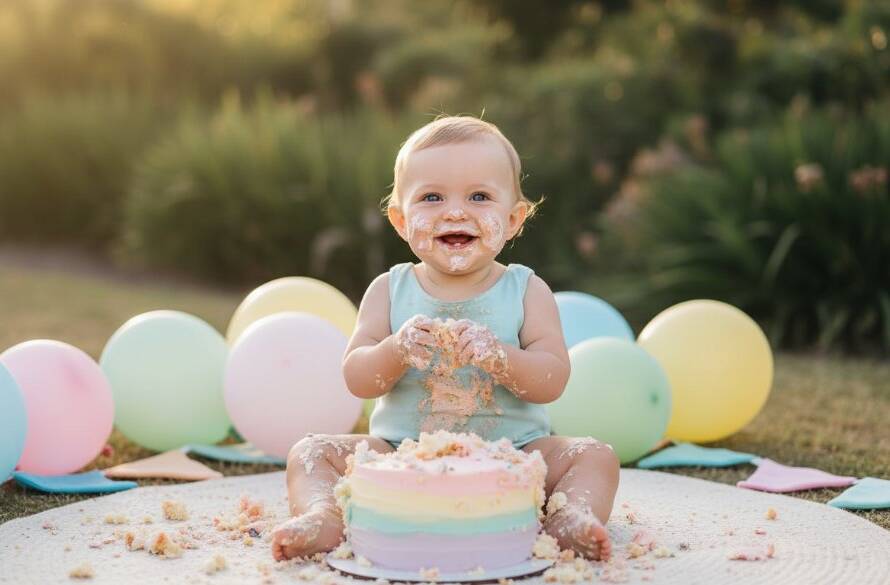 A wide-angle, cinematic photograph of an adorable baby, covered in cake, laughing joyfully amidst a pastel-themed set in a sun-drenched Warrandyte studio, capturing an enchanting cake smash photography Warrandyte first birthday moment with dramatic backlighting and soft focus.