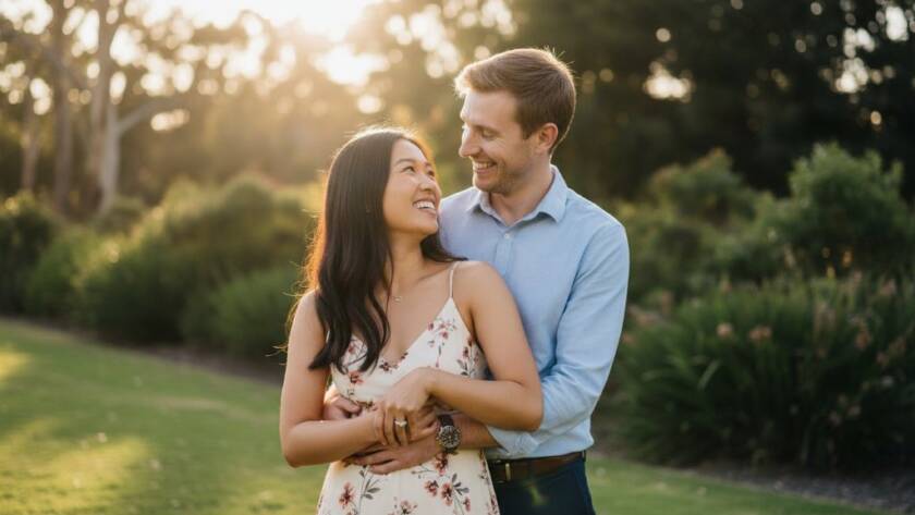 A couple shares an intimate, joyful moment during their enchanting Croydon South Victoria engagement photoshoot, bathed in warm golden hour light in a lush park setting, reflecting their deep connection.
