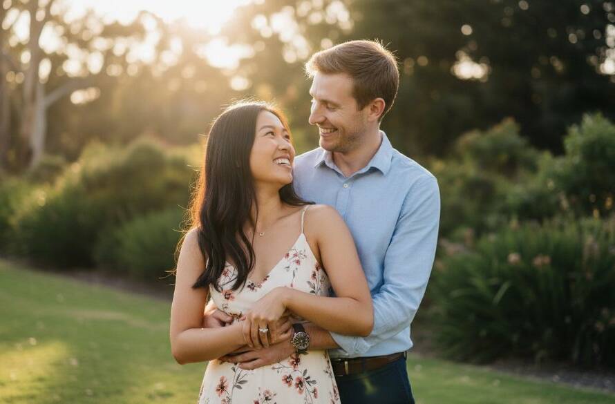 A couple shares an intimate, joyful moment during their enchanting Croydon South Victoria engagement photoshoot, bathed in warm golden hour light in a lush park setting, reflecting their deep connection.