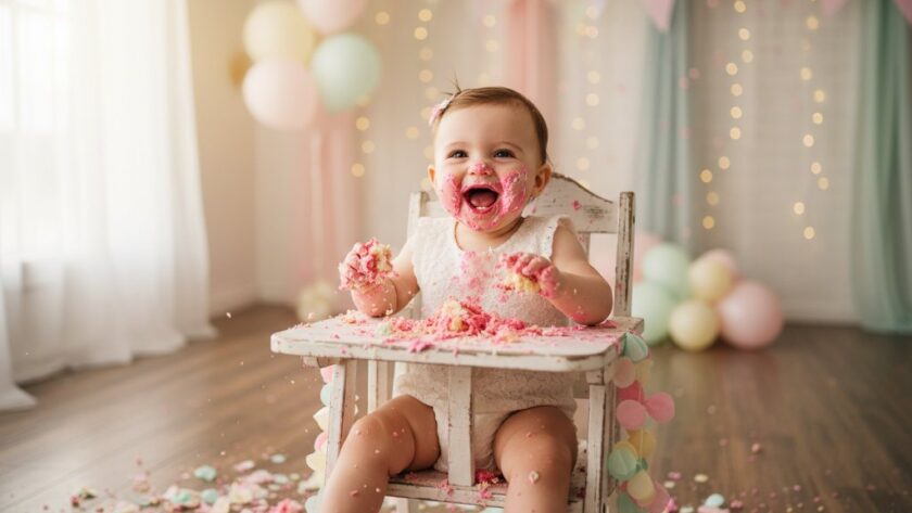 An enchanting Delacombe first birthday cake smash photography epic moment, capturing a joyful baby with cake smeared face, surrounded by colourful balloons and soft light, celebrating their first year with pure delight.