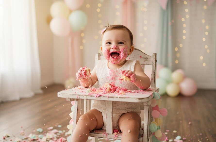 An enchanting Delacombe first birthday cake smash photography epic moment, capturing a joyful baby with cake smeared face, surrounded by colourful balloons and soft light, celebrating their first year with pure delight.