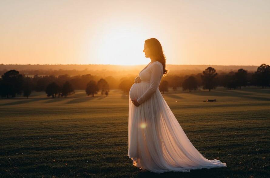 A breathtaking and enchanting Doncaster Victoria outdoor maternity photography shot featuring a pregnant woman in a flowing gown, silhouetted against a golden sunset over Doncaster's landscape, embodying serene anticipation.