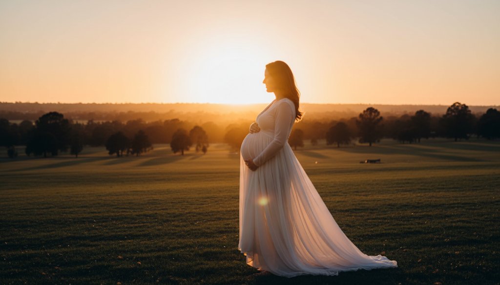 A breathtaking and enchanting Doncaster Victoria outdoor maternity photography shot featuring a pregnant woman in a flowing gown, silhouetted against a golden sunset over Doncaster's landscape, embodying serene anticipation.