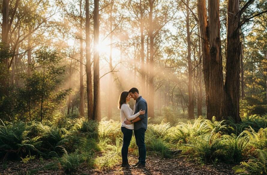 A newly engaged couple sharing an intimate, joyful moment amidst the lush, sun-dappled eucalyptus forest of Upper Ferntree Gully, captured with enchanting engagement photography Upper Ferntree Gully Dandenongs. The golden hour light filters dramatically through the trees, highlighting their embrace.