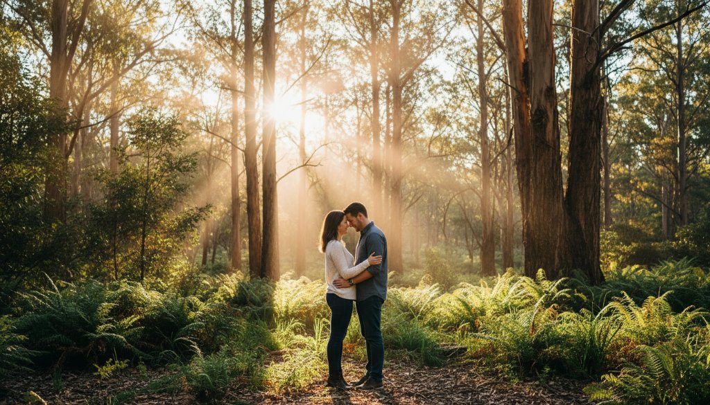 A newly engaged couple sharing an intimate, joyful moment amidst the lush, sun-dappled eucalyptus forest of Upper Ferntree Gully, captured with enchanting engagement photography Upper Ferntree Gully Dandenongs. The golden hour light filters dramatically through the trees, highlighting their embrace.