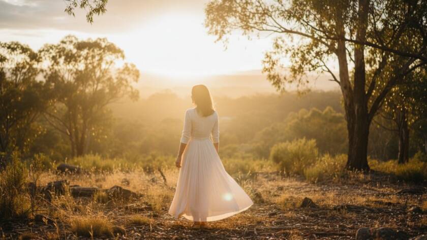 A dramatic fine art portrait from enchanting fine art photography sessions in Park Orchards, featuring a subject silhouetted against a golden hour sky over a rustic landscape, bathed in warm, ethereal light.