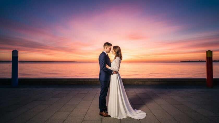 A breathtaking wide shot capturing an enchanting Geelong waterfront pre-wedding photoshoot at sunset, with a couple silhouetted against a vibrant sky, standing by the iconic Eastern Beach promenade, a dramatic and emotionally resonant 'epic moment' style photograph with professional colour grading.