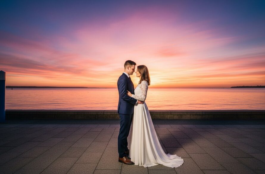 A breathtaking wide shot capturing an enchanting Geelong waterfront pre-wedding photoshoot at sunset, with a couple silhouetted against a vibrant sky, standing by the iconic Eastern Beach promenade, a dramatic and emotionally resonant 'epic moment' style photograph with professional colour grading.