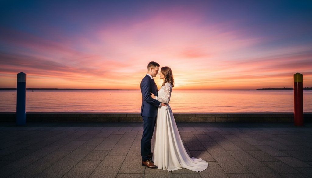 A breathtaking wide shot capturing an enchanting Geelong waterfront pre-wedding photoshoot at sunset, with a couple silhouetted against a vibrant sky, standing by the iconic Eastern Beach promenade, a dramatic and emotionally resonant 'epic moment' style photograph with professional colour grading.