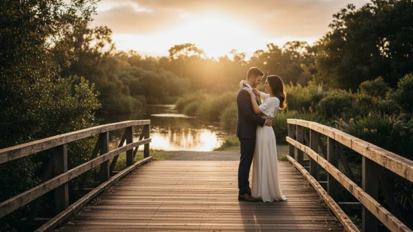 A couple sharing an intimate, joyful moment during their enchanting Glen Iris pre-wedding photoshoot, captured with dramatic lighting at sunset near Gardiners Creek, reflecting their profound connection in a professional, cinematic style.
