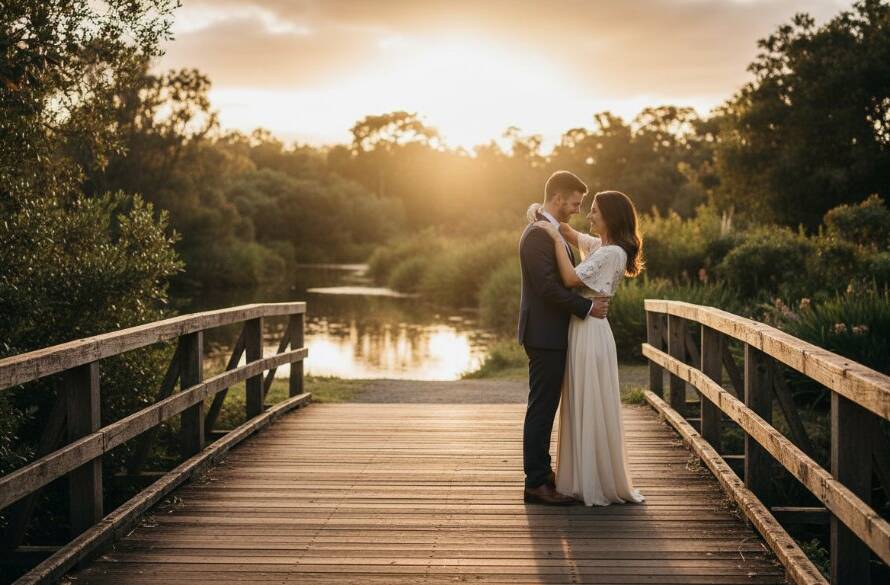 A couple sharing an intimate, joyful moment during their enchanting Glen Iris pre-wedding photoshoot, captured with dramatic lighting at sunset near Gardiners Creek, reflecting their profound connection in a professional, cinematic style.