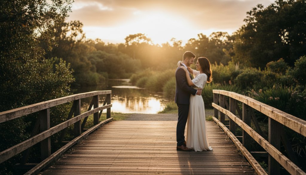 A couple sharing an intimate, joyful moment during their enchanting Glen Iris pre-wedding photoshoot, captured with dramatic lighting at sunset near Gardiners Creek, reflecting their profound connection in a professional, cinematic style.
