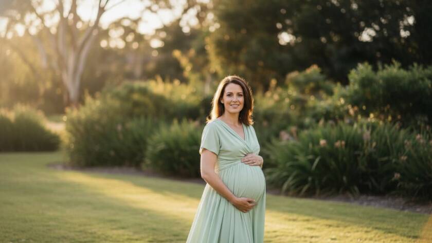 A pregnant woman in a flowing gown stands silhouetted against a golden Heatherdale sunset, embodying the enchanting Heatherdale maternity photography sessions, with soft light highlighting her baby bump, capturing an epic, serene moment.
