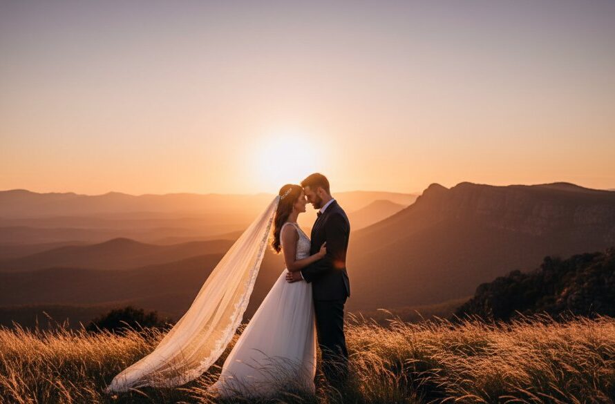 An epic moment of a newlywed couple embracing on a hill overlooking the Grampians at sunset, bathed in golden light, captured through enchanting Horsham wedding photography.