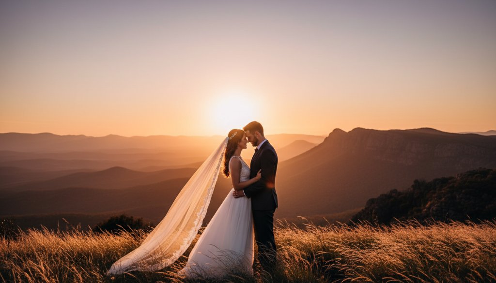 An epic moment of a newlywed couple embracing on a hill overlooking the Grampians at sunset, bathed in golden light, captured through enchanting Horsham wedding photography.