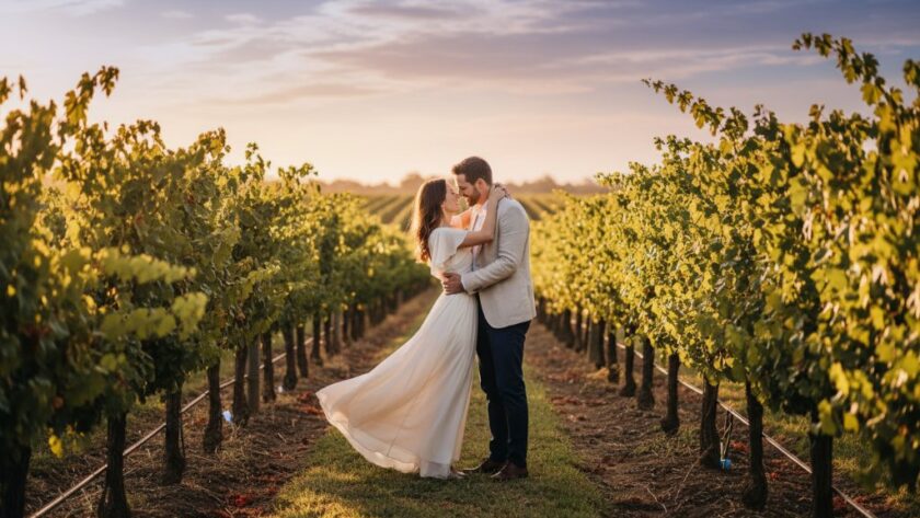 A couple shares an intimate, joyful moment amidst rows of sun-kissed grapevines at sunset in Irymple, perfectly capturing the enchanting Irymple vineyard pre-wedding photography experience.