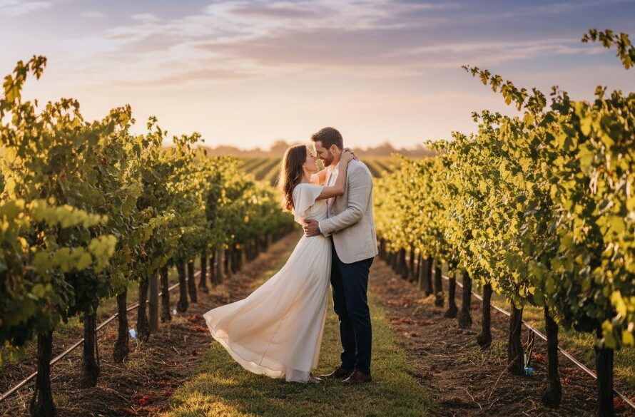 A couple shares an intimate, joyful moment amidst rows of sun-kissed grapevines at sunset in Irymple, perfectly capturing the enchanting Irymple vineyard pre-wedding photography experience.