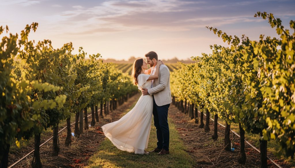 A couple shares an intimate, joyful moment amidst rows of sun-kissed grapevines at sunset in Irymple, perfectly capturing the enchanting Irymple vineyard pre-wedding photography experience.