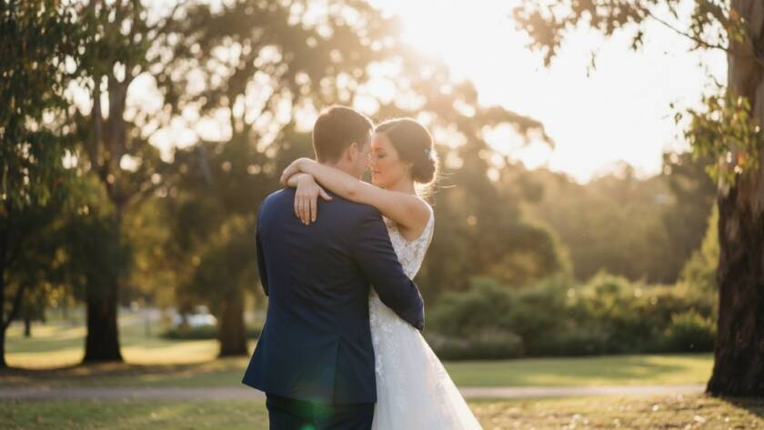 An epic moment captured in Knoxfield Victoria: a newlywed couple sharing a tender kiss under the soft, golden light of a late afternoon sunset, surrounded by the lush greenery of a local park, showcasing enchanting Knoxfield wedding photography moments.