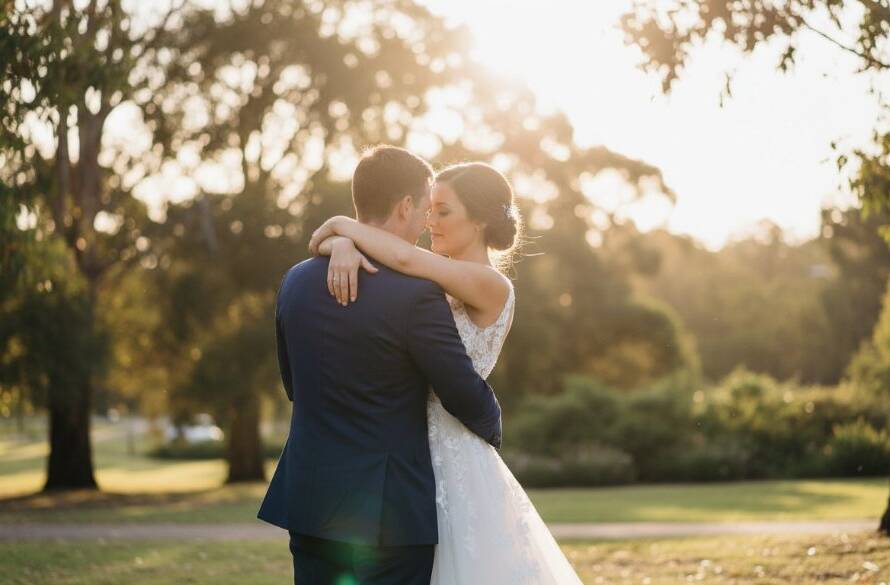 An epic moment captured in Knoxfield Victoria: a newlywed couple sharing a tender kiss under the soft, golden light of a late afternoon sunset, surrounded by the lush greenery of a local park, showcasing enchanting Knoxfield wedding photography moments.