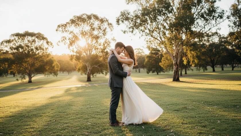 An enchanting Mitcham pre-wedding photoshoot Victoria moments captured at sunset, featuring a couple embracing passionately amidst golden light in a lush Mitcham park, showcasing their love with dramatic backlighting and a wide-angle, cinematic feel.