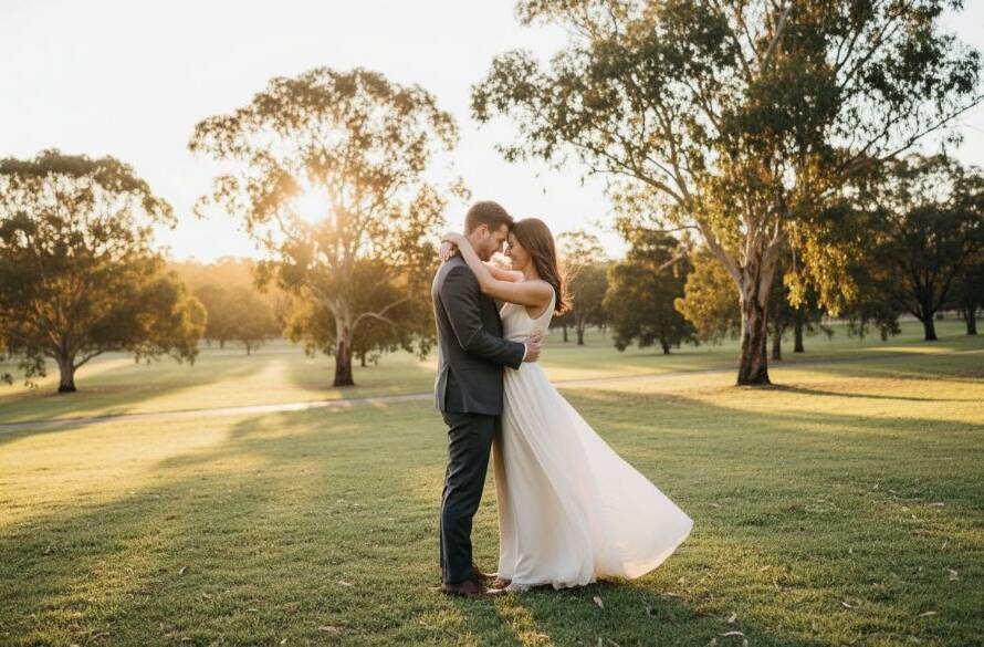 An enchanting Mitcham pre-wedding photoshoot Victoria moments captured at sunset, featuring a couple embracing passionately amidst golden light in a lush Mitcham park, showcasing their love with dramatic backlighting and a wide-angle, cinematic feel.